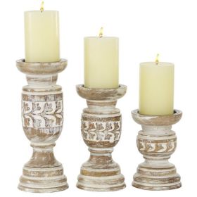 DecMode Country Carved Wood Candle Holder with Light Brown/Whitewashed Finish, Set of 3 6", 8", 10"H